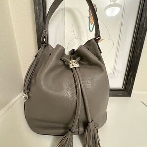 Brighton Gray Pebbled Leather Drawstring Hobo with Tassels